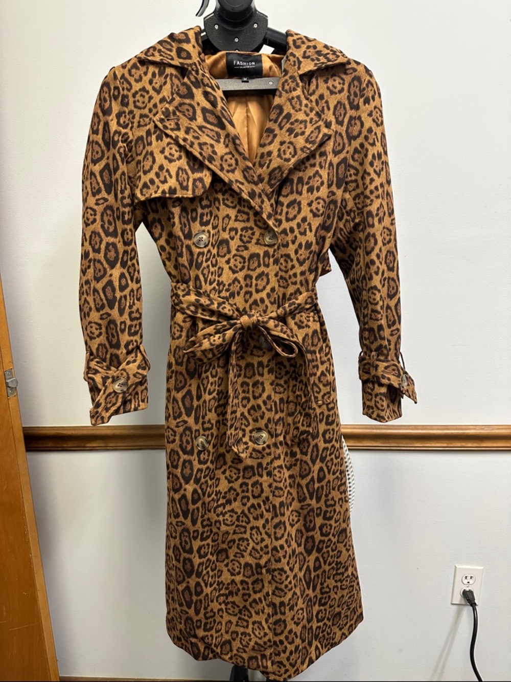 Faux-Leopard Belted Trench Coat - Brown
